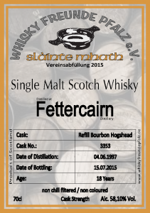 Etikett der Vereinsabfüllung 2015 der Whisky Freunde Pfalz